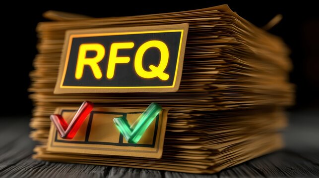 A large stack of folders labeled "RFQ" with red and green check marks indicating review or approval status.