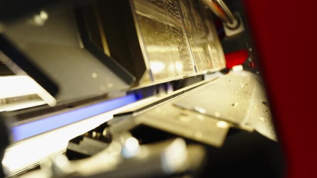 A close-up shot shows the interior sorting area of an optical sorter machine with illuminated sensors and metal trays.