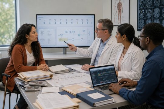 adult patient with years of unexplained symptoms begins genomic testing while clinicians review an extensive medical history, illustrating a long diagnostic odyssey