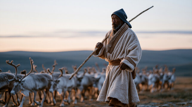 Middle-aged Sami reindeer herder guiding animals across a flat tundra with a long pole, low subarctic light, wide landscape view, indigenous Arctic livelihood, traditional