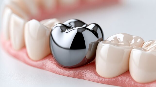 A close-up of a dental model showing a shiny metal crown fitted on a molar between natural teeth.