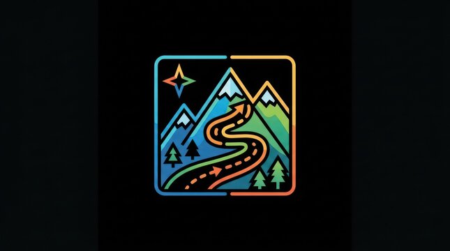 Minimalist graphic of a winding mountain path under a starry sky symbolizing journey or adventure.