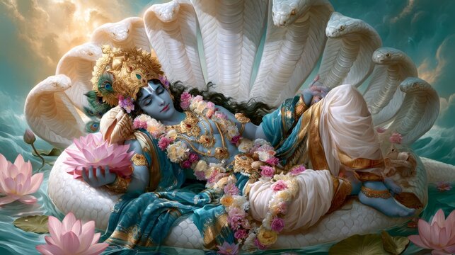 A divine figure reclines peacefully on a multi-headed serpent, adorned with floral garlands and traditional attire, surrounded by lotus flowers and an ethereal sky.