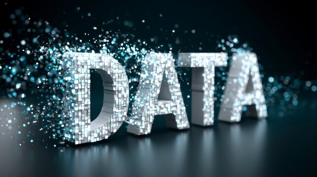 The image shows the word "DATA" composed of small, glowing, fragmented cubes, symbolizing digital information and technology in a dark, futuristic setting.