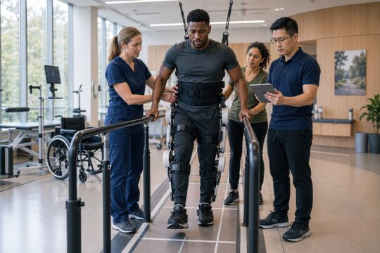 patient with spinal cord injury takes early supported steps in a robotic exoskeleton as rehabilitation specialists guide gait training in an advanced recovery center