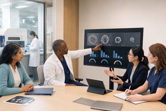 oncologist and researcher compare how several patient-derived organoids respond to different drugs before therapy, demonstrating personalized testing without exposing the patient