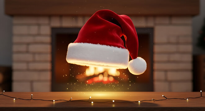 A red santa hat with white trim floats above a wooden surface near a fireplace