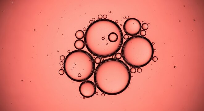 Abstract Macro Shot of Oil Bubbles Floating on Water Surface with a Vibrant Pink Background