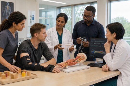neurosurgeon and biomedical engineer evaluate a biocompatible nerve implant designed to restore limb function after peripheral nerve injury and complex reconstruction