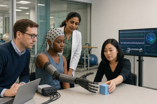 patient controls a robotic prosthetic through a neurointerface as clinicians evaluate brain signals and motor response during a realistic neurorehabilitation session