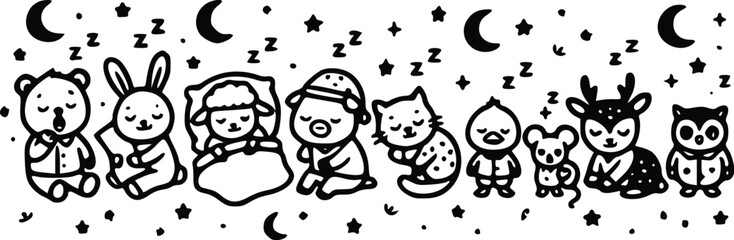 Naklejka premium A black and white vector illustration featuring various cute sleepy animals including a bear rabbit sheep cat and owl