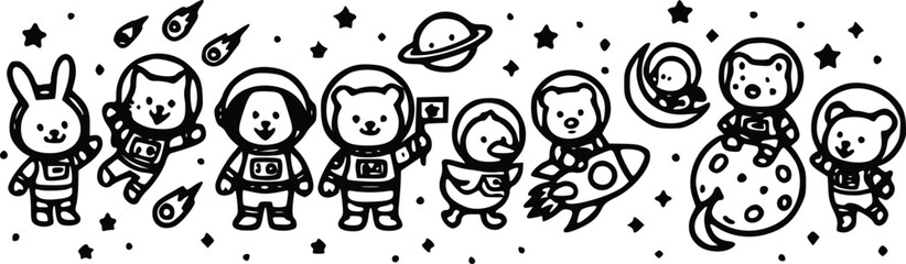 A cute collection of adorable animal astronauts floating in outer space featuring detailed line art in a clean vector graphic style. © Arun