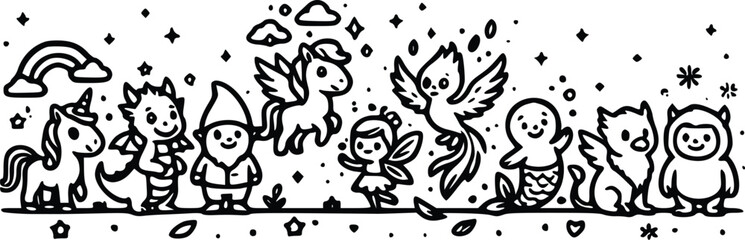 Fototapeta premium A whimsical black and white vector illustration featuring various cute mythical creatures like unicorns dragons gnomes fairies and phoenixes arranged horizontally.