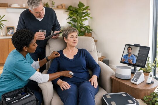 postoperative patient recovers at home with wireless sensors, portable monitoring devices, visiting nurse support and daily telemedicine review from a hospital-at-home team