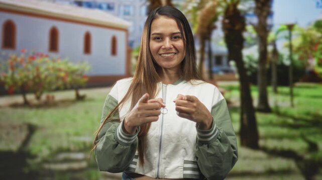 Woman pointing fingers at camera with both hands in front of a building courtyard; confidence empowerment.