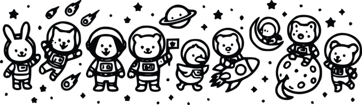 A cute collection of adorable animal astronauts floating in outer space featuring detailed line art in a clean vector graphic style.