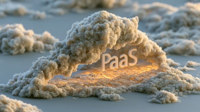 A cloud formation reveals the glowing text "PaaS," symbolizing Platform as a Service in a futuristic, digital environment.