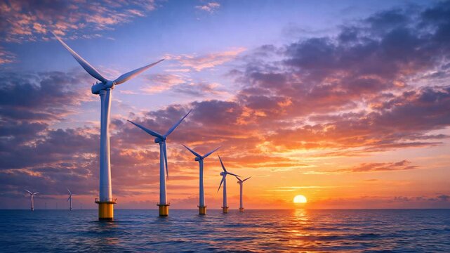Wind turbines standing tall against a vibrant sunset over the ocean.