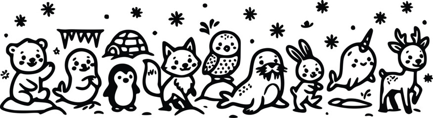 A charming black and white vector illustration featuring various cute arctic animals including a polar bear and a friendly narwhal © Arun