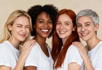 Fototapeta premium Four diverse women in white t-shirts smiling together in unity and friendship