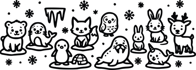 Cute arctic animals vector illustration featuring a polar bear seal penguin fox owl walrus rabbit narwhal and reindeer in style © Arun