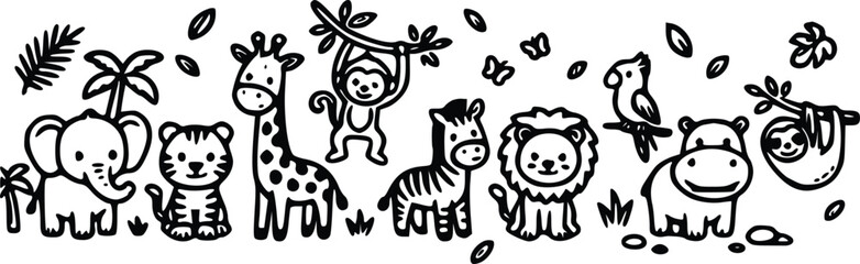 Obraz premium Black and white vector illustration featuring cute cartoon jungle animals like elephants giraffes monkeys lions and zebras in style.