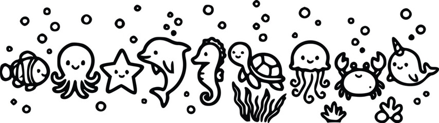 Cute black and white vector illustration showing a variety of friendly sea animals swimming together in a playful underwater design © Arun