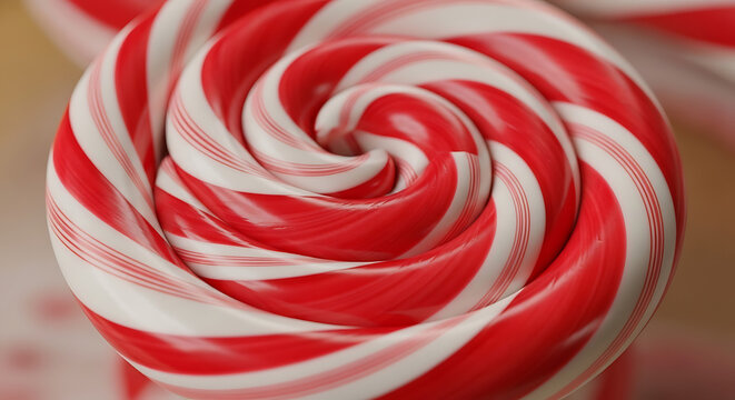 Red and white spiral candy with a glossy finish a close up studio photograph peppermint