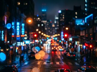Obraz premium Rainy city street at night with blurred lights and traffic