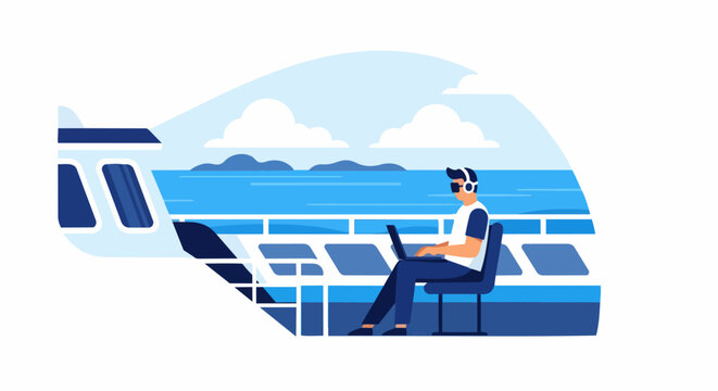 Digital Nomad Working on Laptop on Ferry Deck with Ocean View Illustration