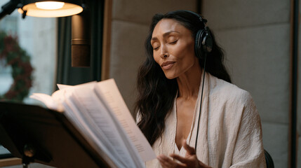 Naklejka premium Audiobook narrator seated in a padded recording booth, eyes closed in concentration, script pages fanned on a music stand, warm studio light overhead, December wreath visible
