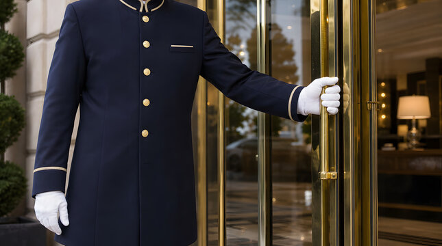 Doorman in blue uniform and white gloves opening a luxury hotel door