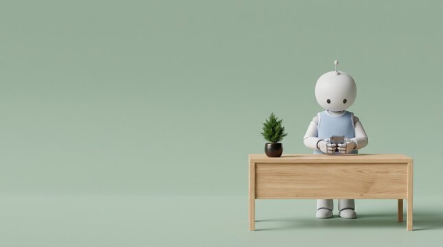 Minimalist 3D robot character using smartphone at wooden desk, cute white android with mobile device, futuristic artificial intelligence concept
