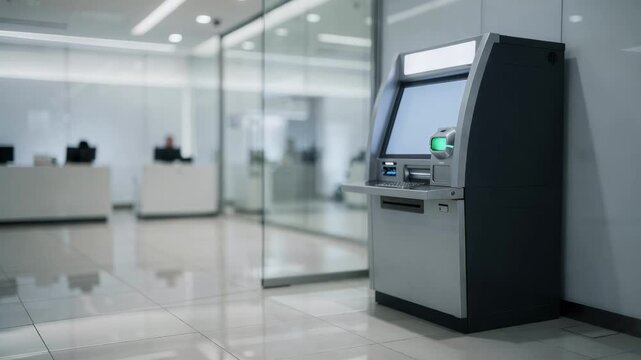 Focused cash withdrawal machine in a sleek indoor corner with blurred reflections on glass walls and distant customer counters.