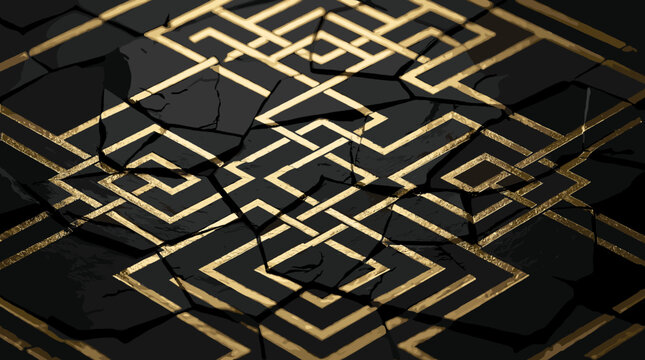 Gold interlocking geometric pattern on cracked black stone.