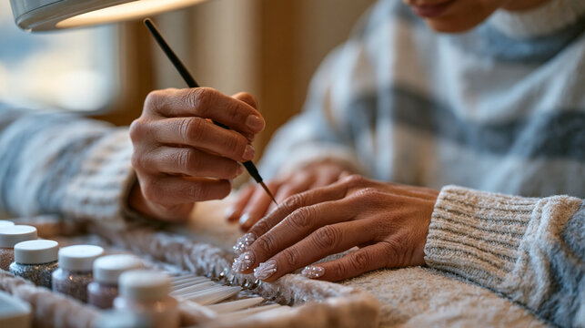 Close up hands of a nail artist applying intricate winter frost crystal designs to a client's fingertips, fine detail brush mid-stroke under a magnifying lamp, tiny gem