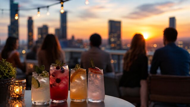 Rooftop alcohol free drinks with sunset city bokeh