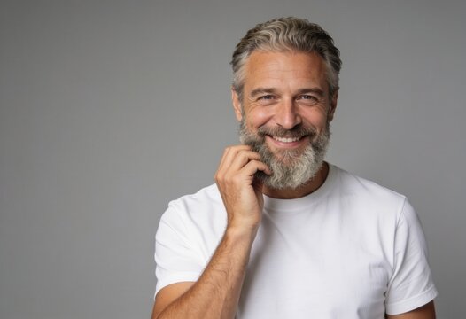 Smiling mature man with beard touching face on gray background