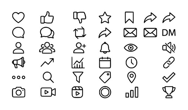 Premium social media react icon pack with like share comment and follower symbols