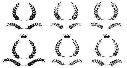 Laurel leaf icon with wreath logo vector and award greek crown. Leave branch wheat with crest medal anniversary and badge circle flower. Winner ornament laurel with emblem border wreath. © Tetiana Kubara
