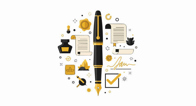 Elegant Flat Vector Illustration of a Fountain Pen and Legal Documents Set in Circular Composition - Gold and Black Icons