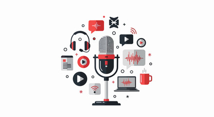 Fototapeta premium Podcast and Digital Audio Content Creation Illustration with Microphone, Headphones, and Media Icons