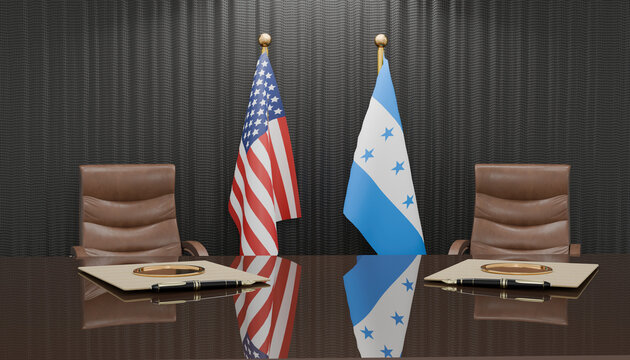 Bilateral Meeting Room: Two flags, representing the United States and Honduras, stand behind an empty conference table set for a diplomatic discussion.