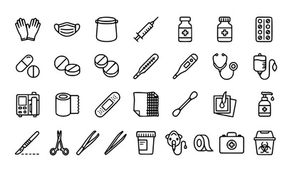 Naklejka premium Medical Supplies Outline Icon Set with Healthcare Equipment Editable Stroke Vector Collection