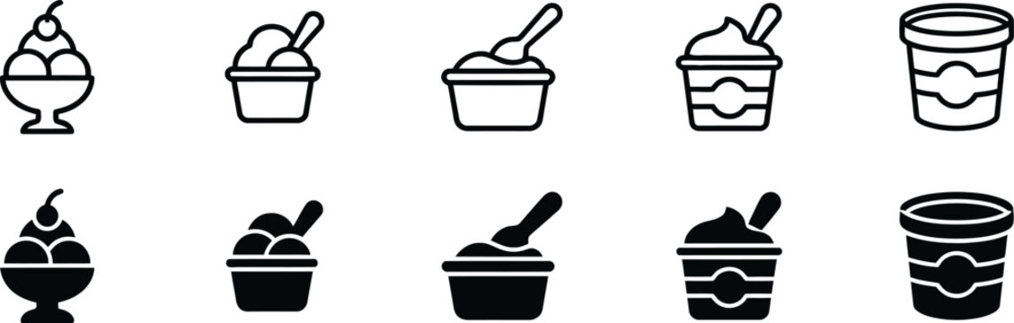 Sweet cold desserts line and fill icon set. including ice cream sundae bowl with cherry, gelato cups with spoons, frozen yogurt, and pint tub container vector illustration.