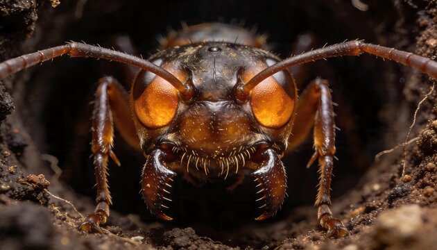 Extreme macro of a brown insect larva with big orange compound eyes emerging from dark soil