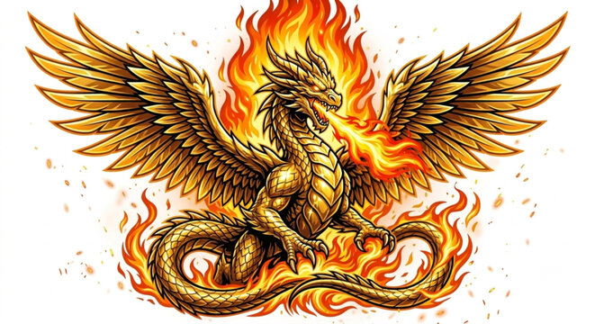 Golden dragon mascot vector illustration with spread wings breathing fire isolated on white background
