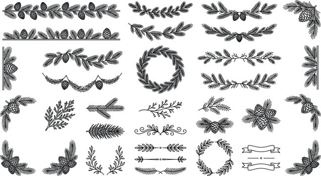 Black Pine Branch and Pinecone Vector Elements Set with Christmas Wreaths, Borders, and Floral Dividers for Festive Winter Holiday Graphic Designs