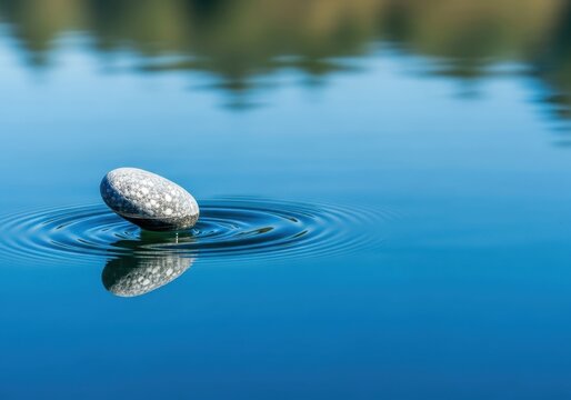 Small smooth stone skips across the glassy surface of a calm blue lake, creating a series of concentric circular ripples in the water, peaceful, summer, rock