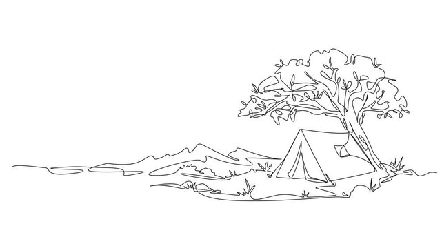 animated continuous line drawing of a camping scene with pine tree, tent, and campfire, minimalist outdoor nature adventure concept, line art animation